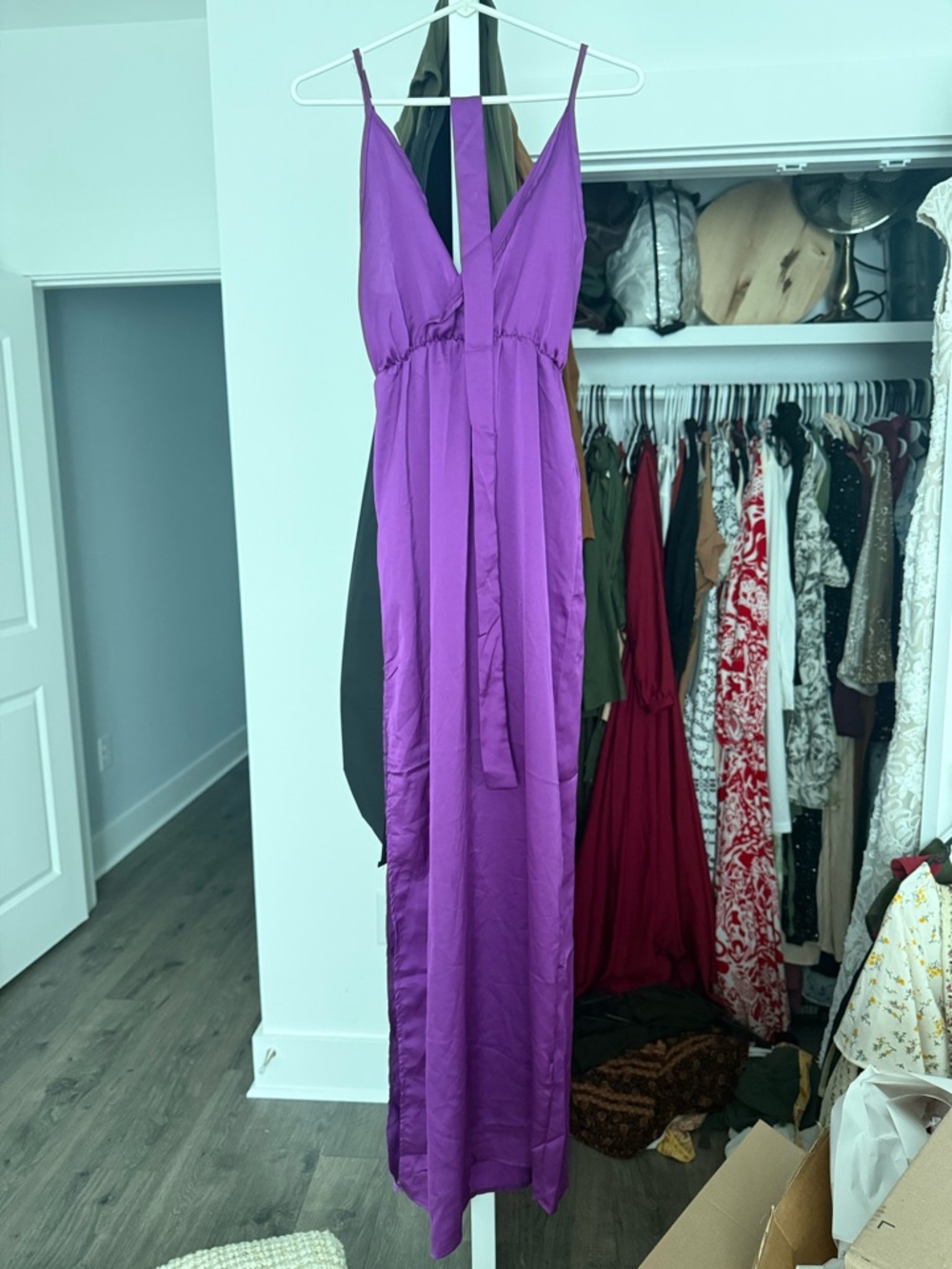 Elegant Purple V-Neck Satin Maxi Dress